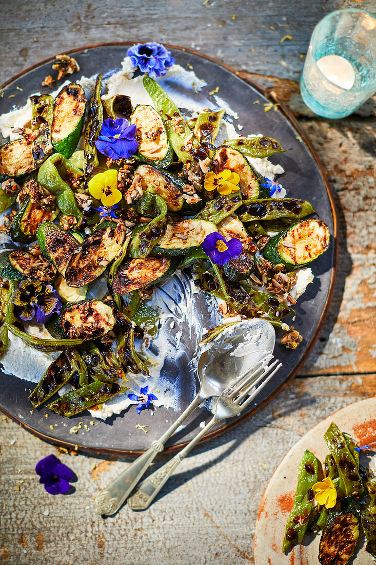 Charred courgettes, runner beans and ricotta