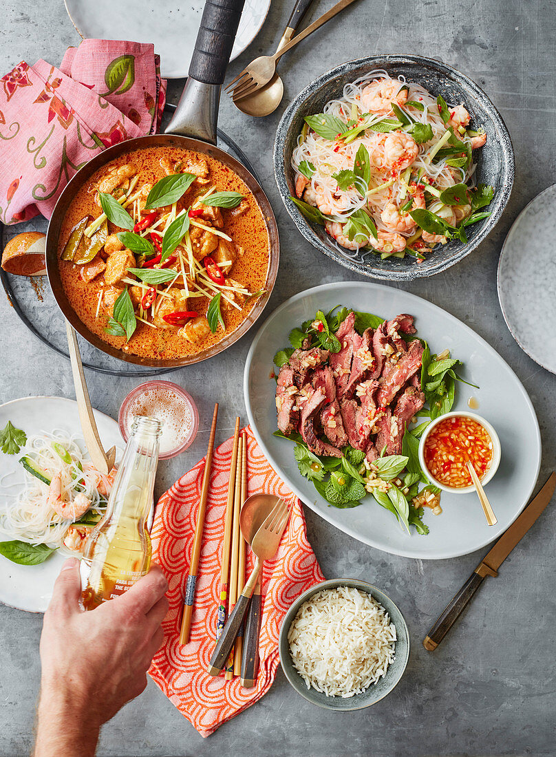 Thai red curry, Crying tiger salad, Spicy prawn noodle salad