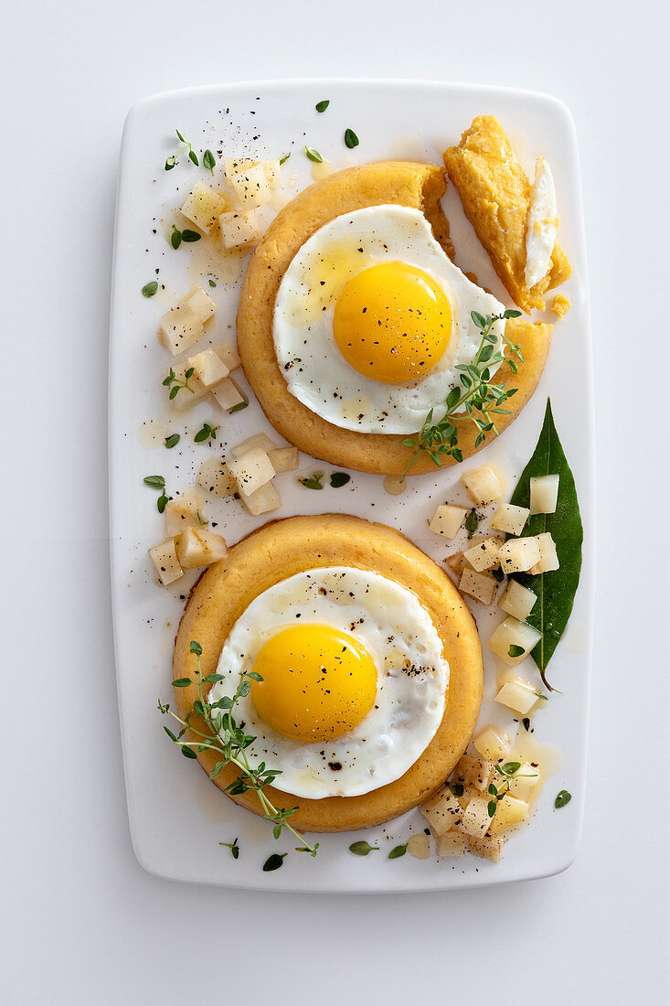 Celeriac flan with fried eggs