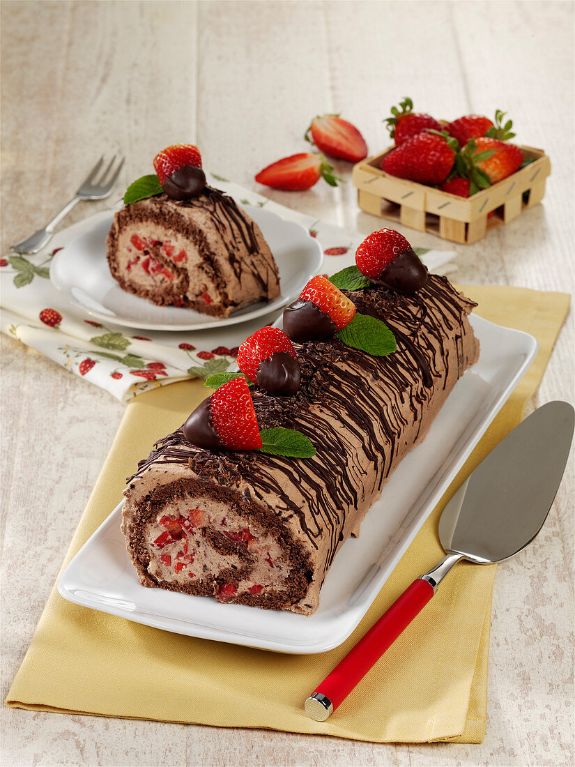 Strawberry and chocolate Swiss roll