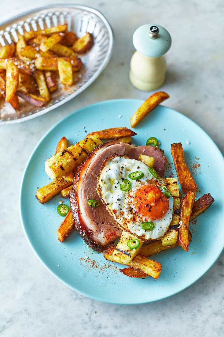 Island-style ham, pineapple egg and chips