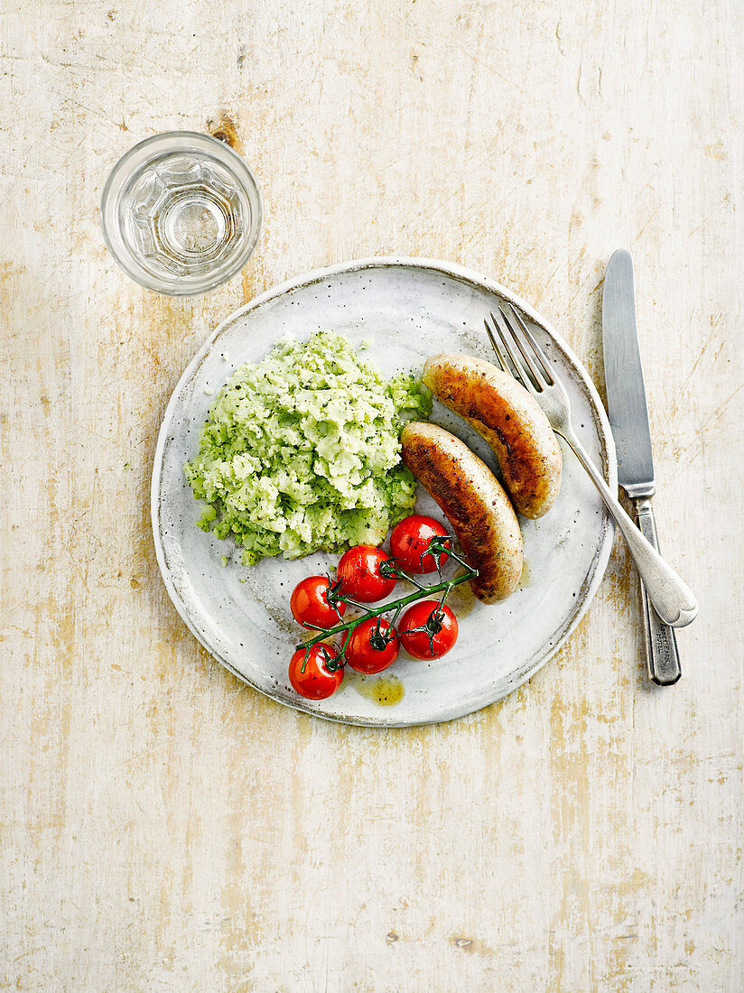 Sausages with pesto mash