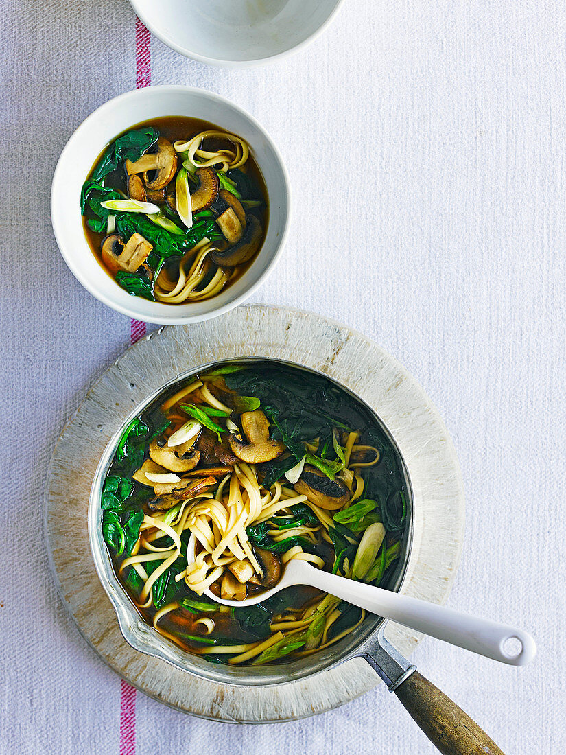 Udon noodle soup with spinach