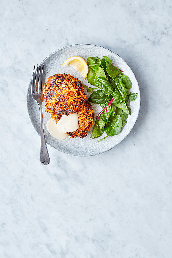 Salmon, sweet potato and coriander fishcakes with tahini dressing