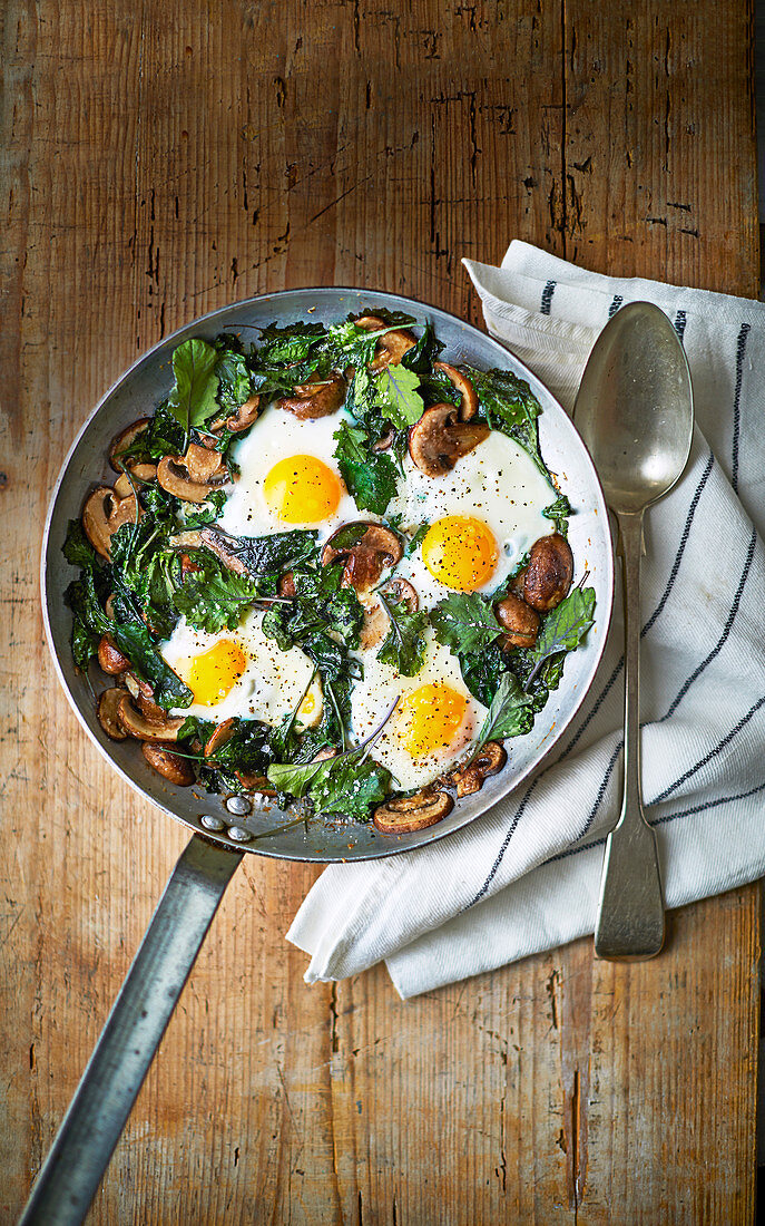 Mushroom, kale and fried egg brunch