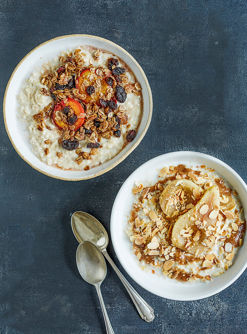 Plum, raisin and granola porridge, Vanilla poaches pears with almond butter porridge