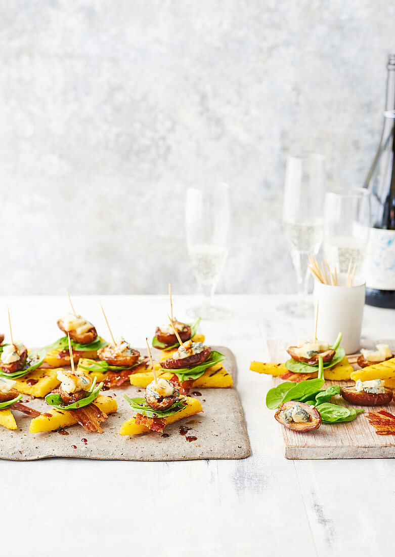 Date, blue cheese and pancetta polenta stacks
