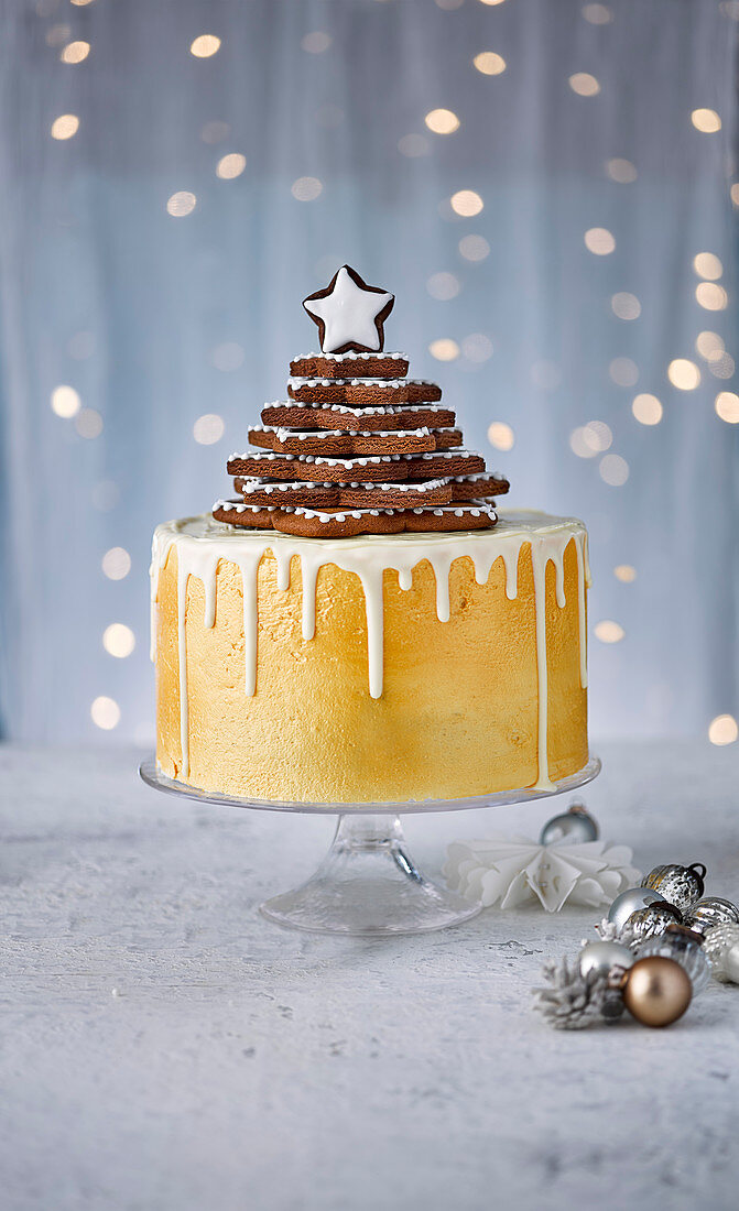 Vanilla and spice chocolate drip cake with gingerbread star tree