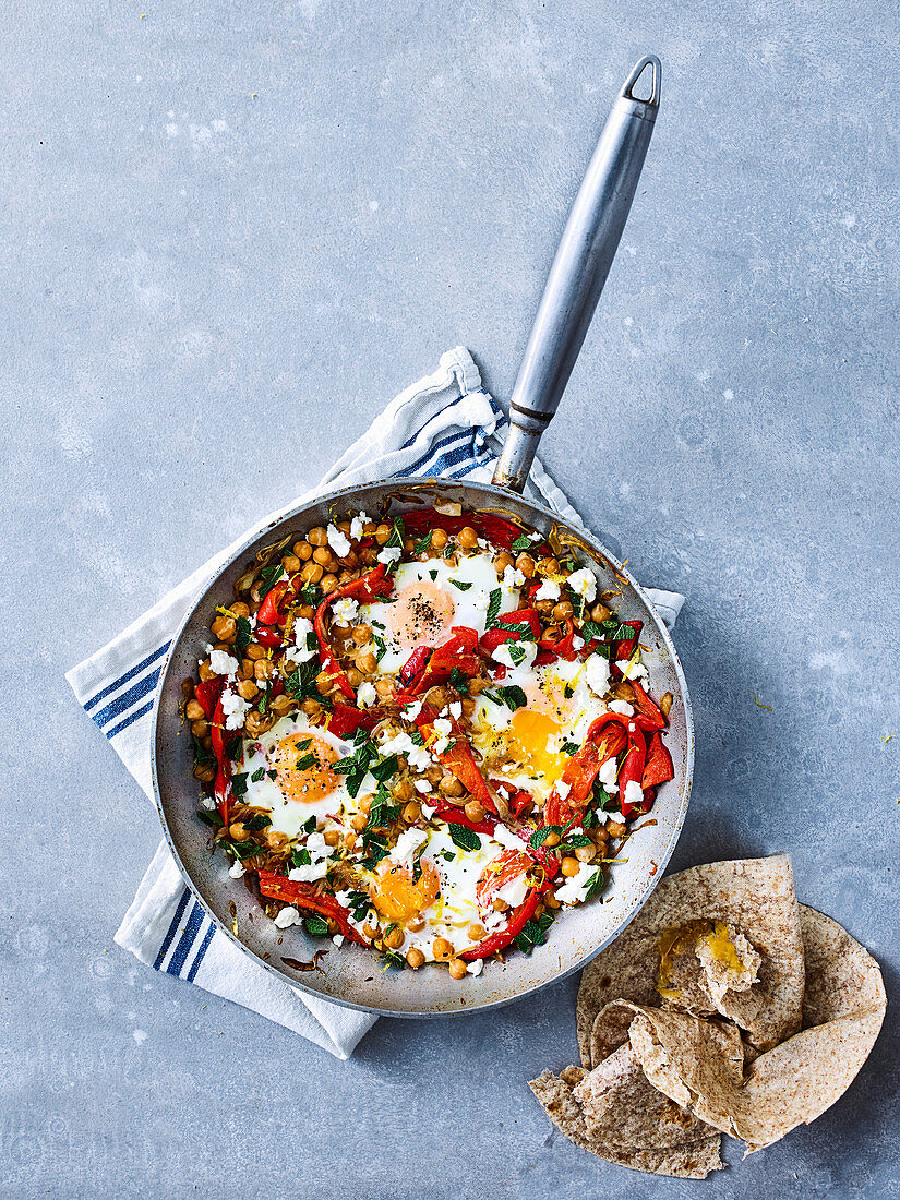 Chickpea, red pepper, egg and feta hash