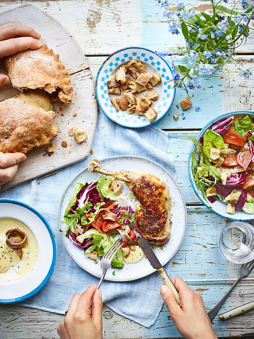 Bread-baked chicken and summer garden salad