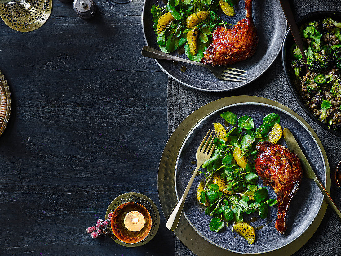 Maple-glazed duck with orange and watercress