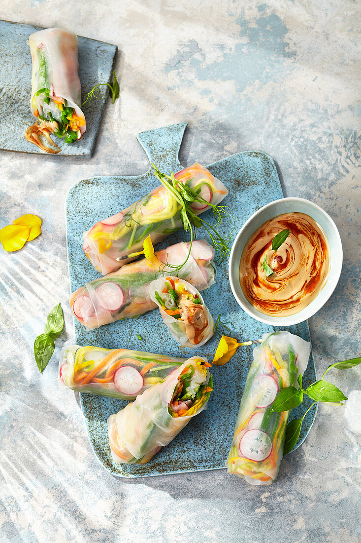 Crispy summer rolls with a soya and chilli mayonnaise