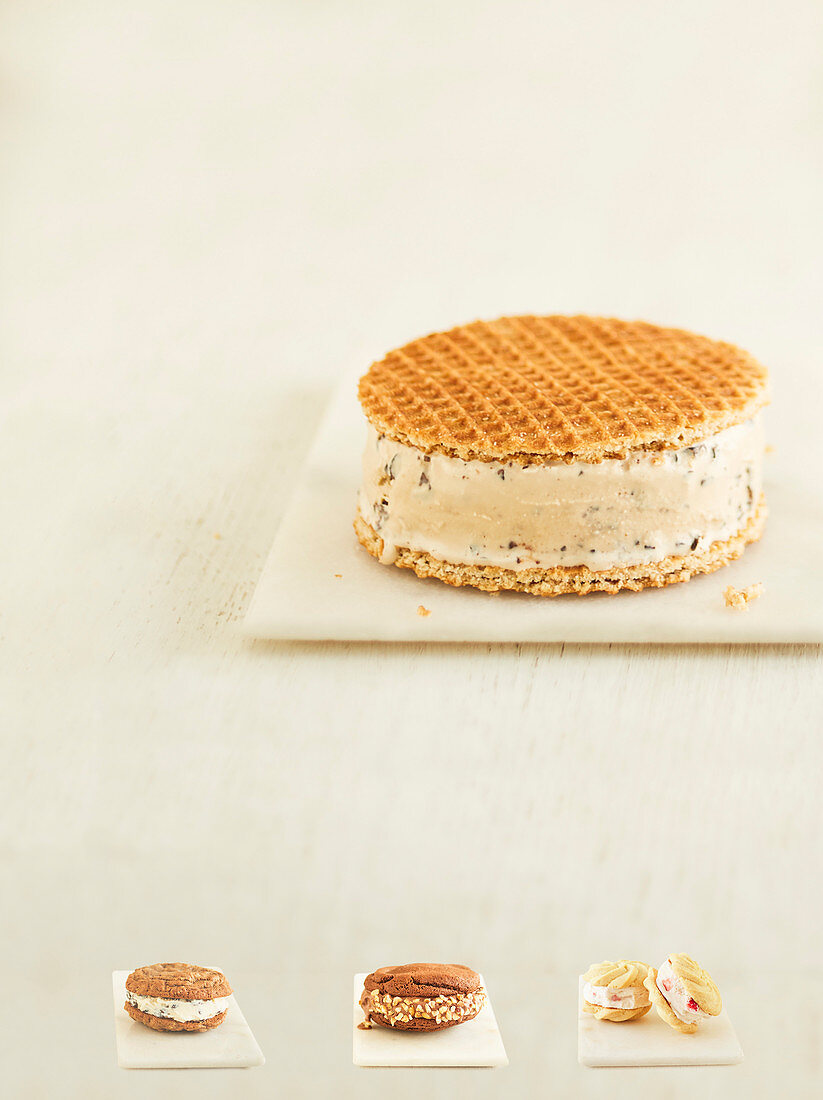 Ice cream sandwiches - Caramel and coffee, Rum and raisin, Choc and hazelnut, Strawberry and shortbread