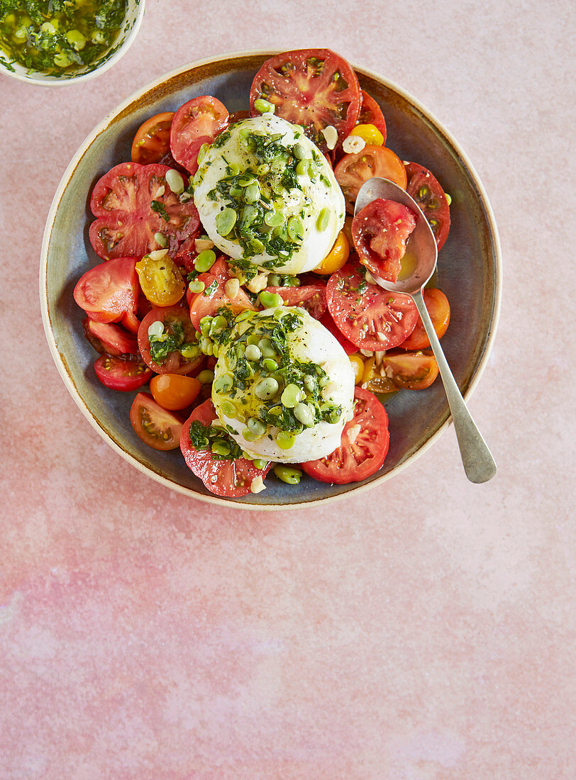 Tomato, burrata and broad bean salad