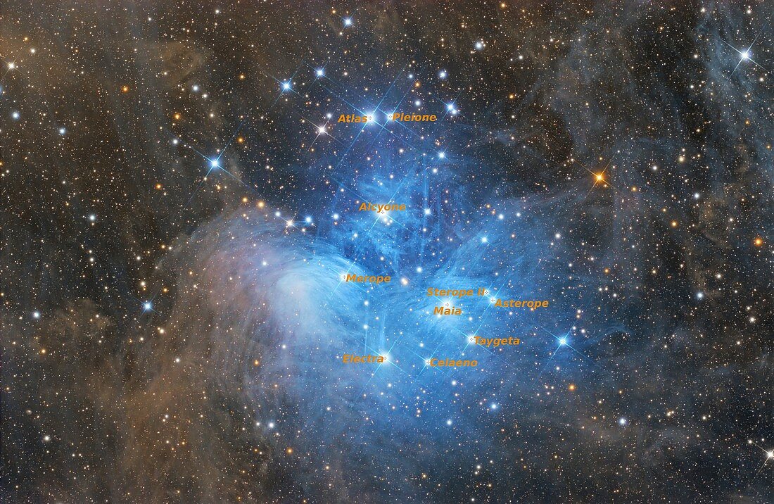 Pleiades star cluster, annotated