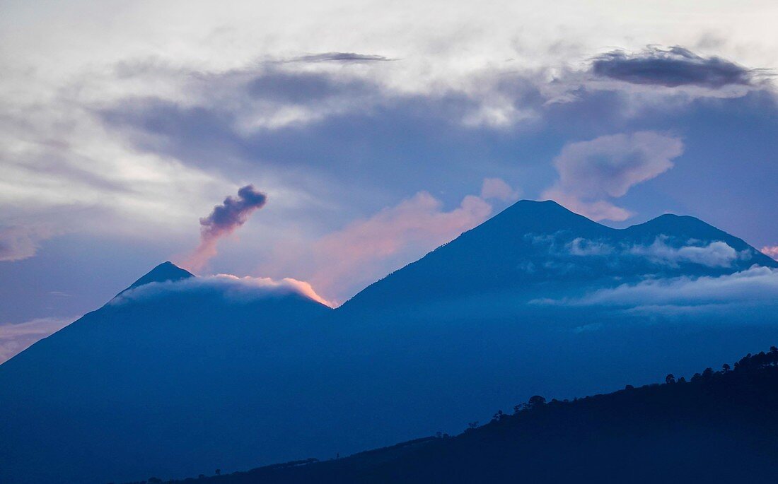 Volcan de Fuego and Acatenango at dusk, Guatemala