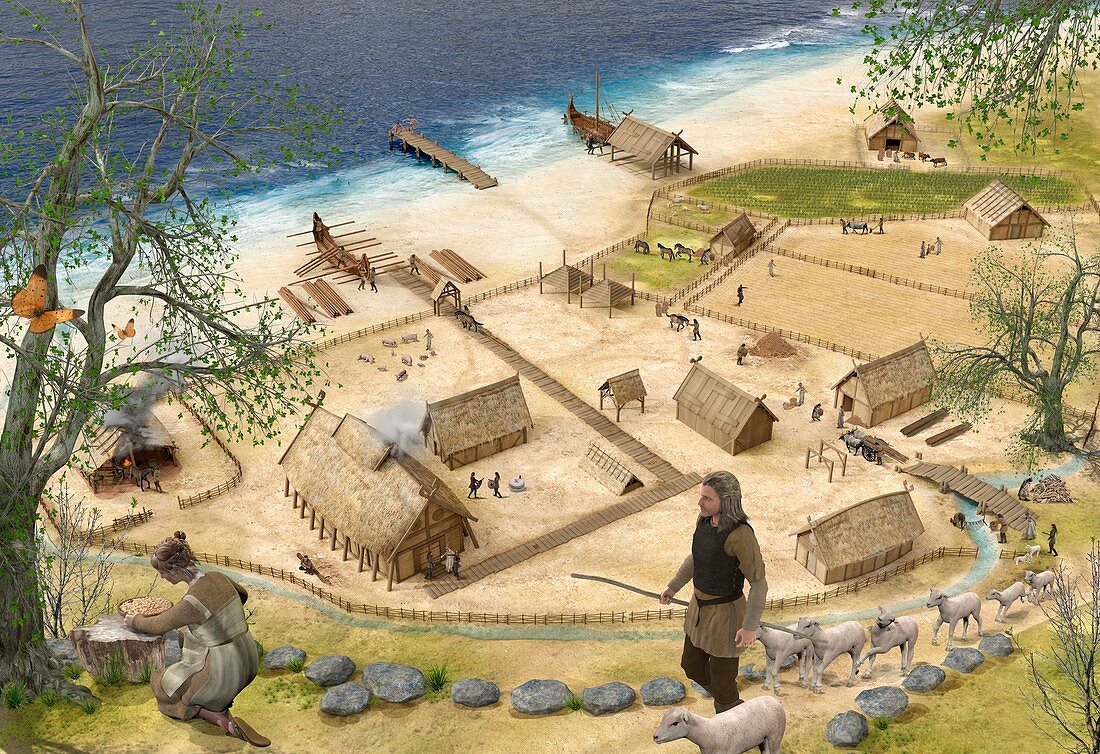 Viking village in Spring, illustration