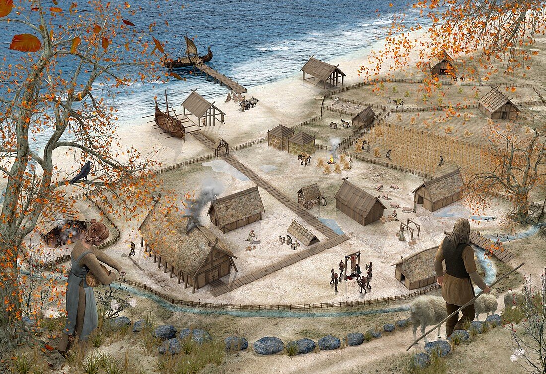 Viking village in Winter, illustration