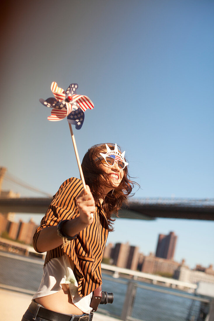 Woman with novelty sunglasses