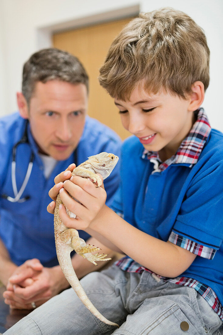 Veterinarian and owner examining lizard