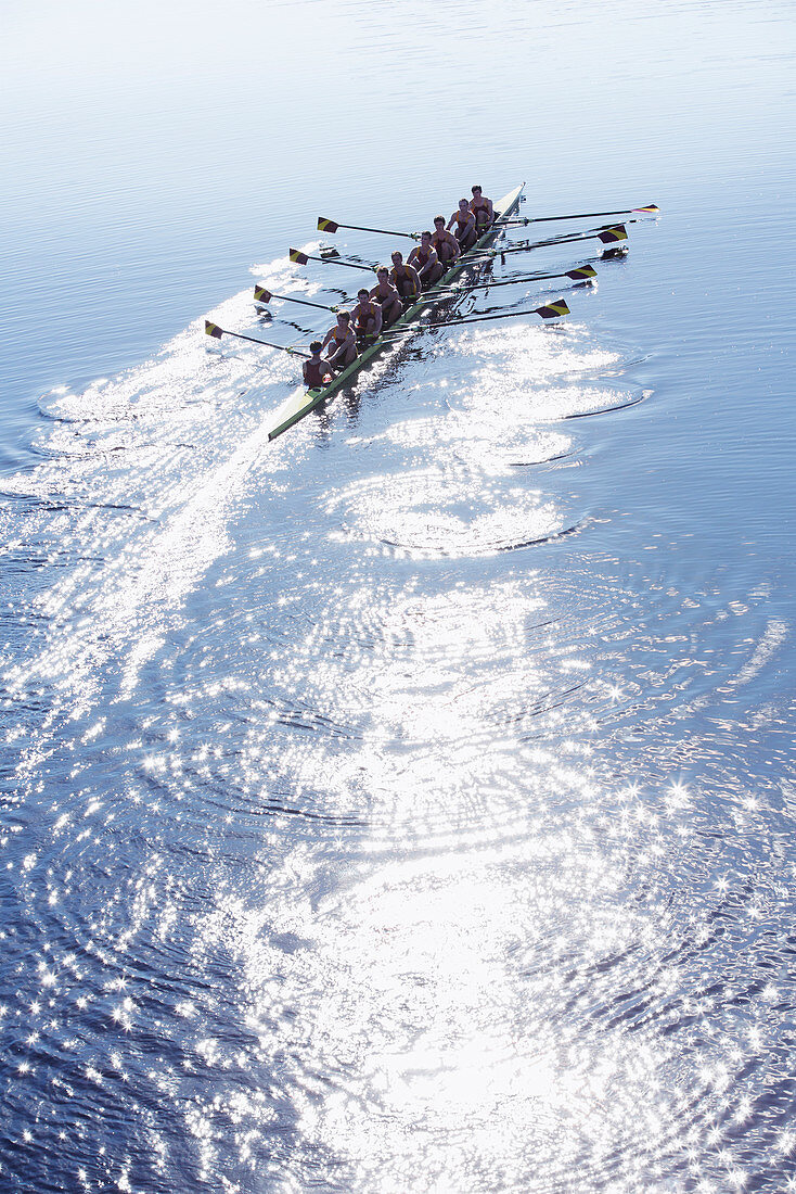 Rowing team rowing scull on sunny lake