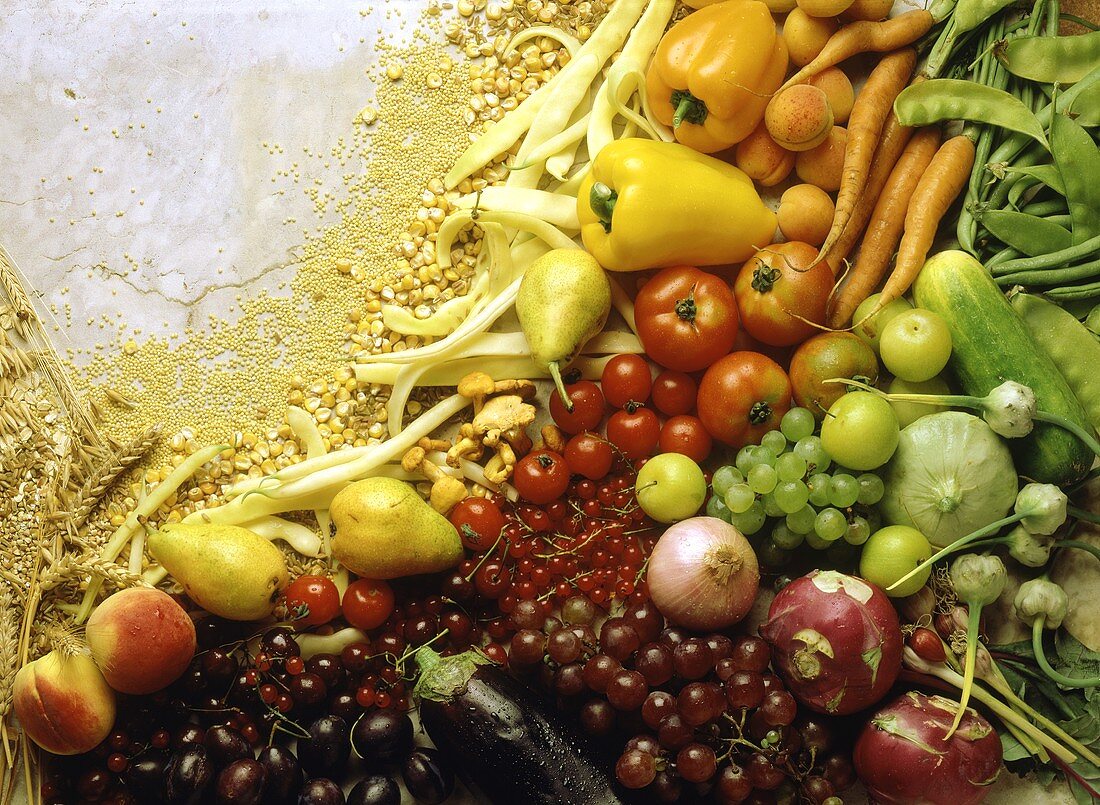 Still life with vegetables, fruit, mushrooms & grain