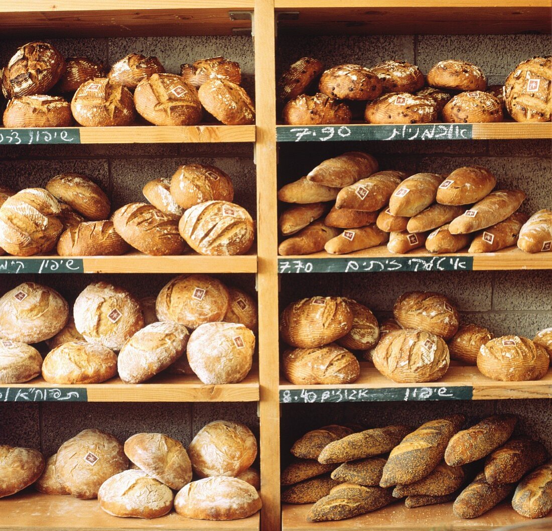 Verschiedene Brote im Regal einer israelischen Bäckerei