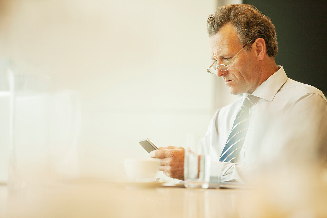 Businessman using cell phone in cafe