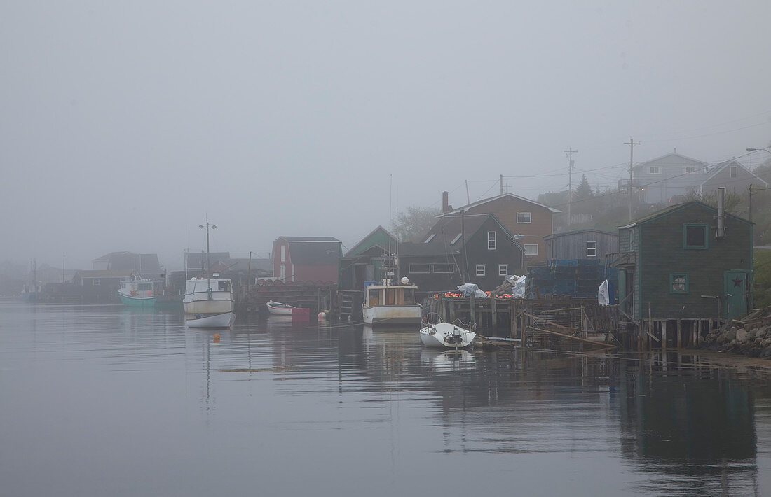 Fog surrounding houses and boats on river