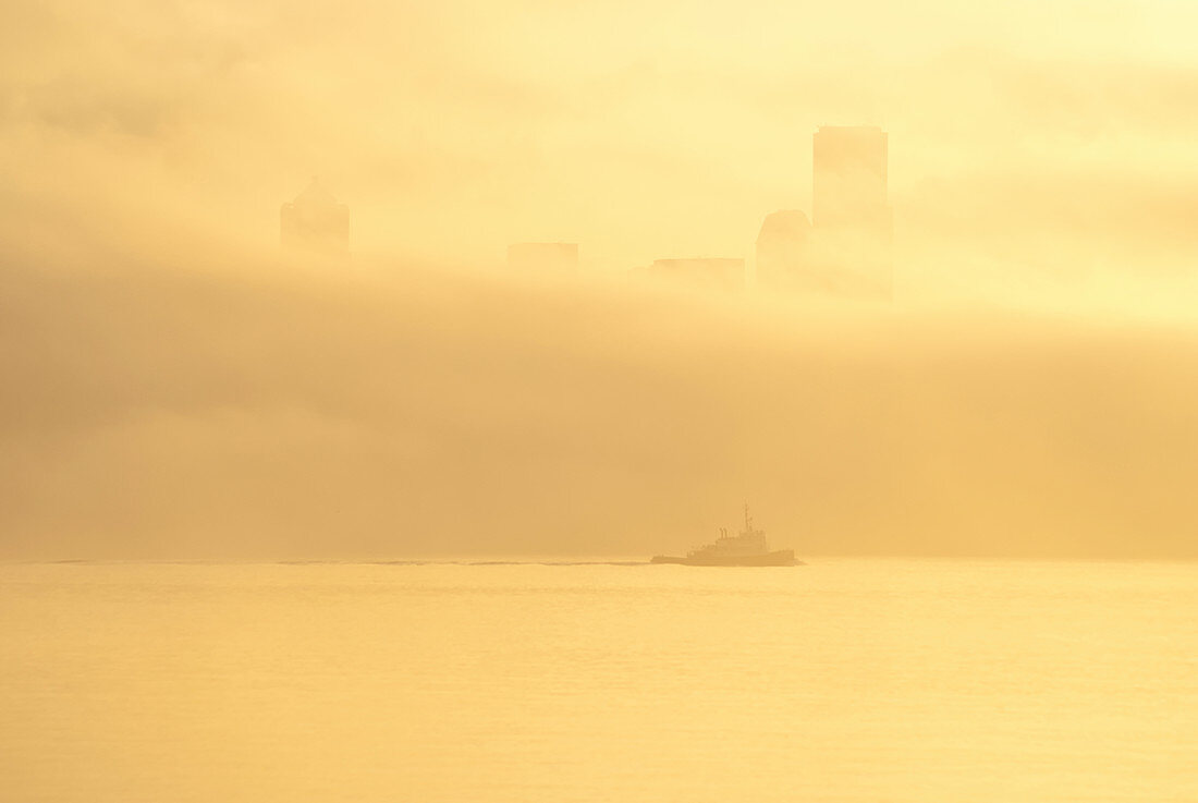 Silhouette of tugboat and fog