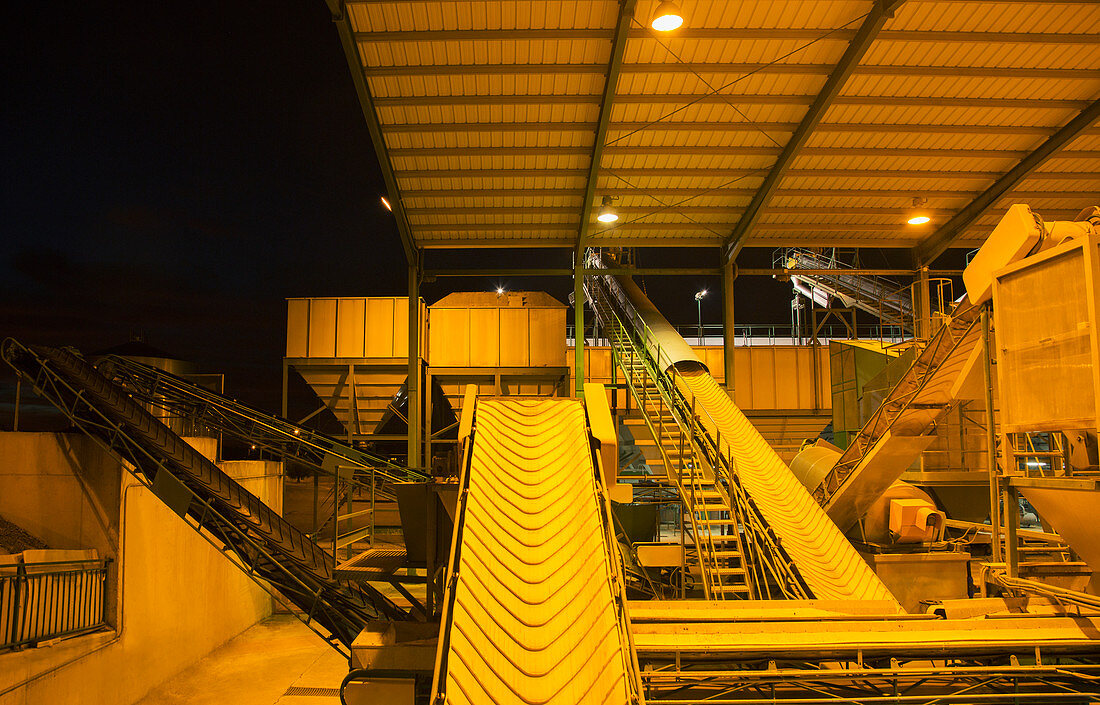 Illuminated granary at night