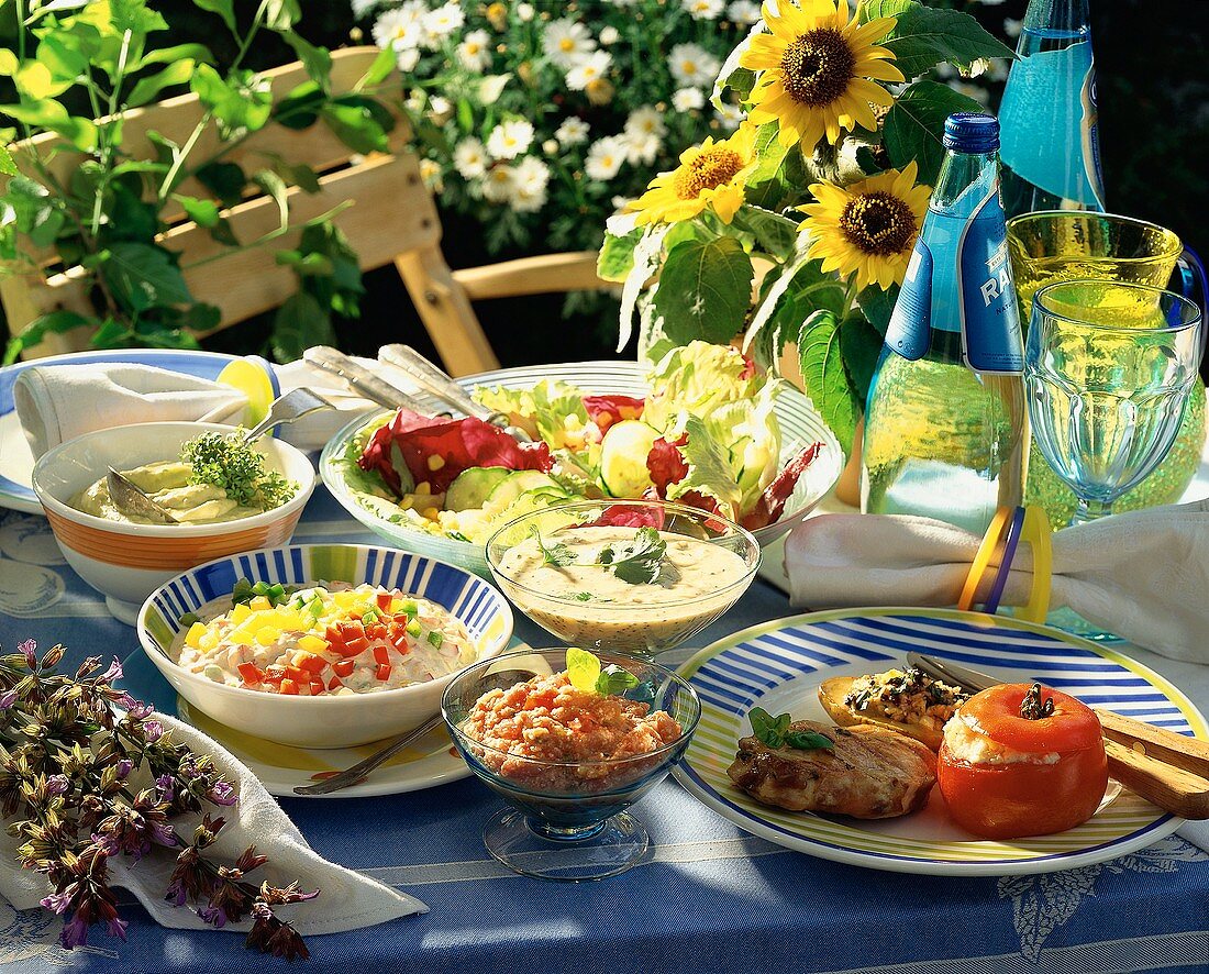 Summer Table Setting Outside; Grilled Pork and Salad