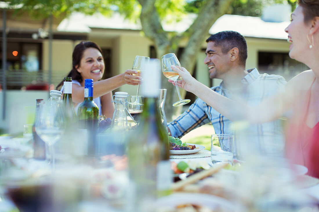 Friends toasting each other at dinner