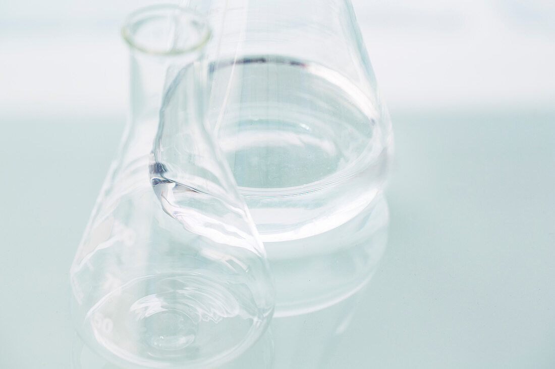 Close up of empty beakers on counter