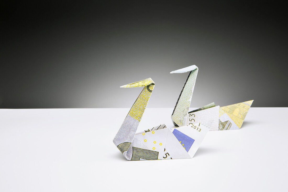 Origami swans made of Euros on counter
