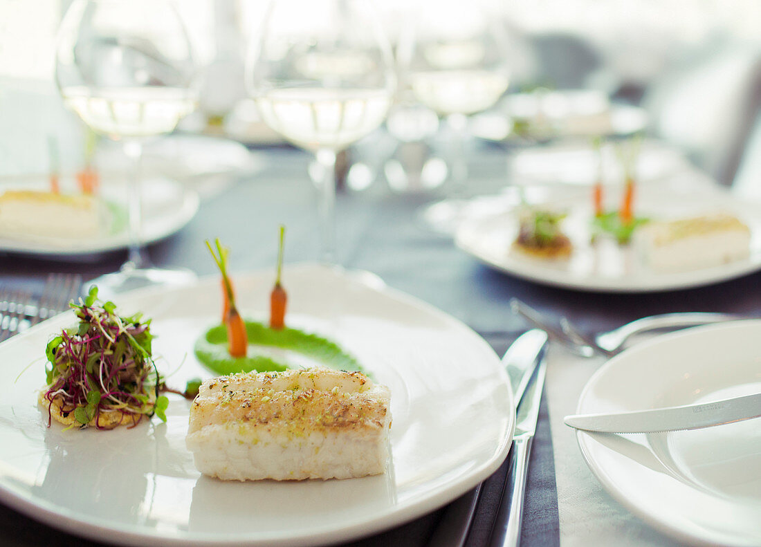 Close up of fancy fish meal on table