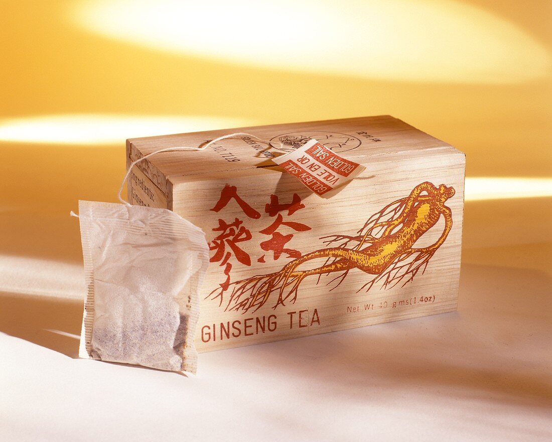 Ginseng tea - tea bag and wooden box of Ginseng tea