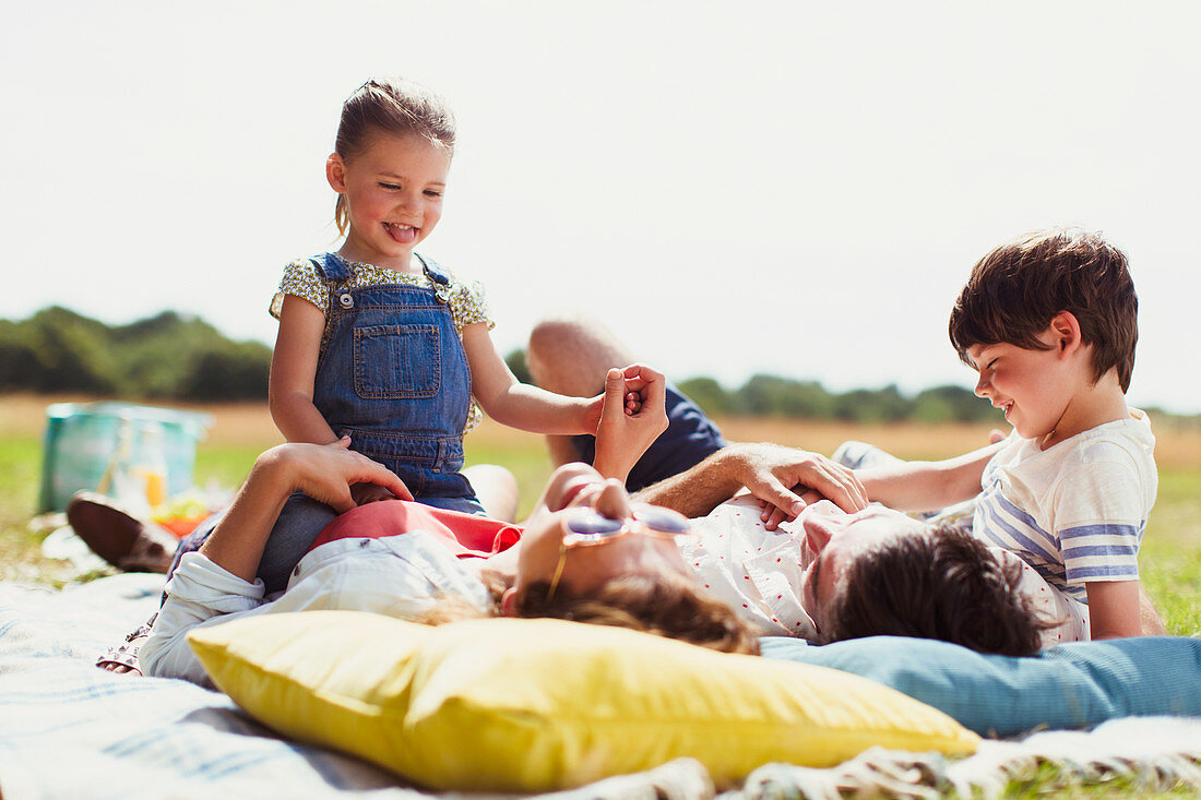 Family relaxing on blanket in sunny field