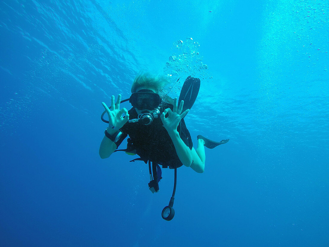 Scuba diver gesturing okay underwater