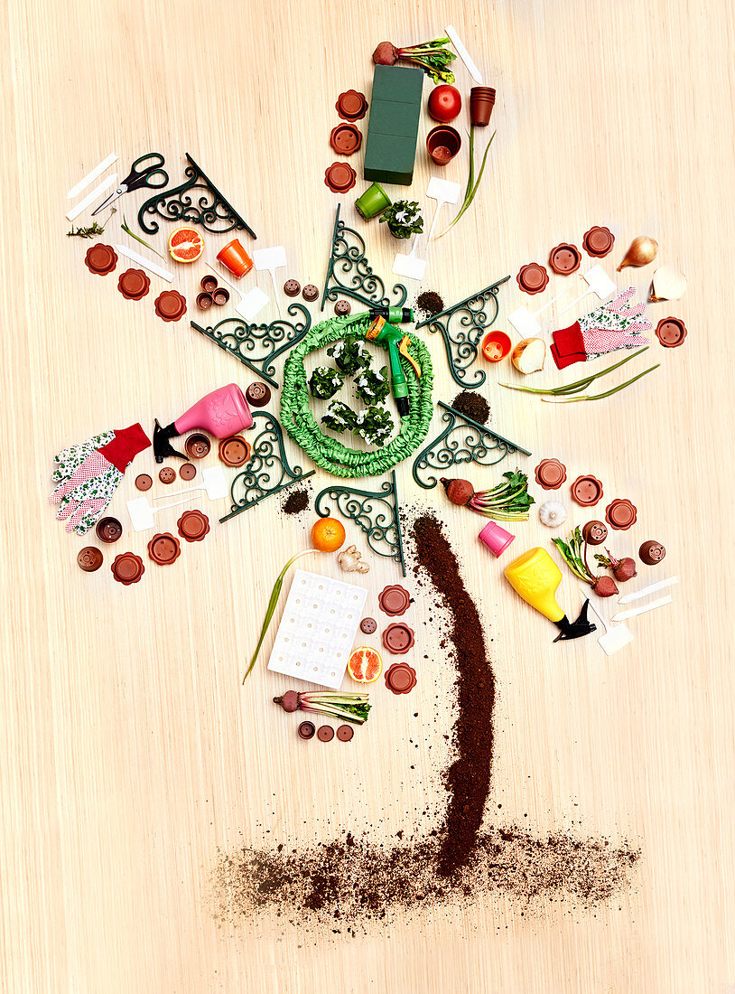 Concept gardening supplies forming windmill tree