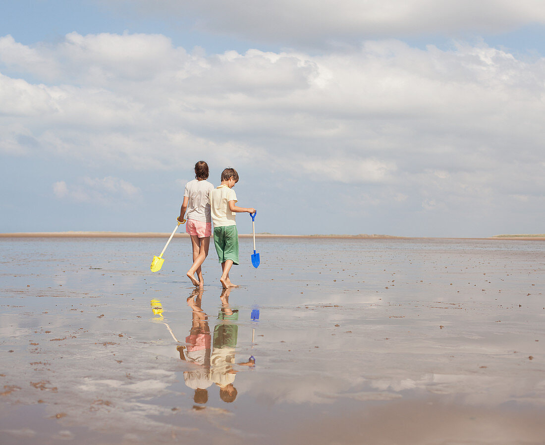 Brother and sister walking in wet sand
