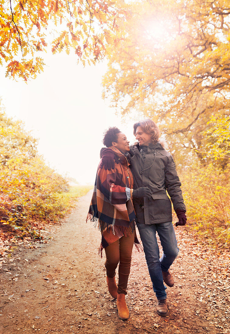 Affectionate couple walking on path in autumn park