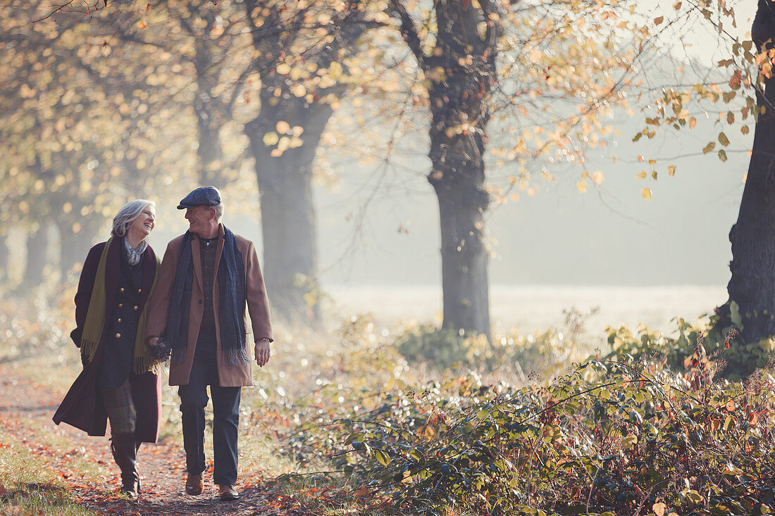 Senior couple holding hands walking in autumn park