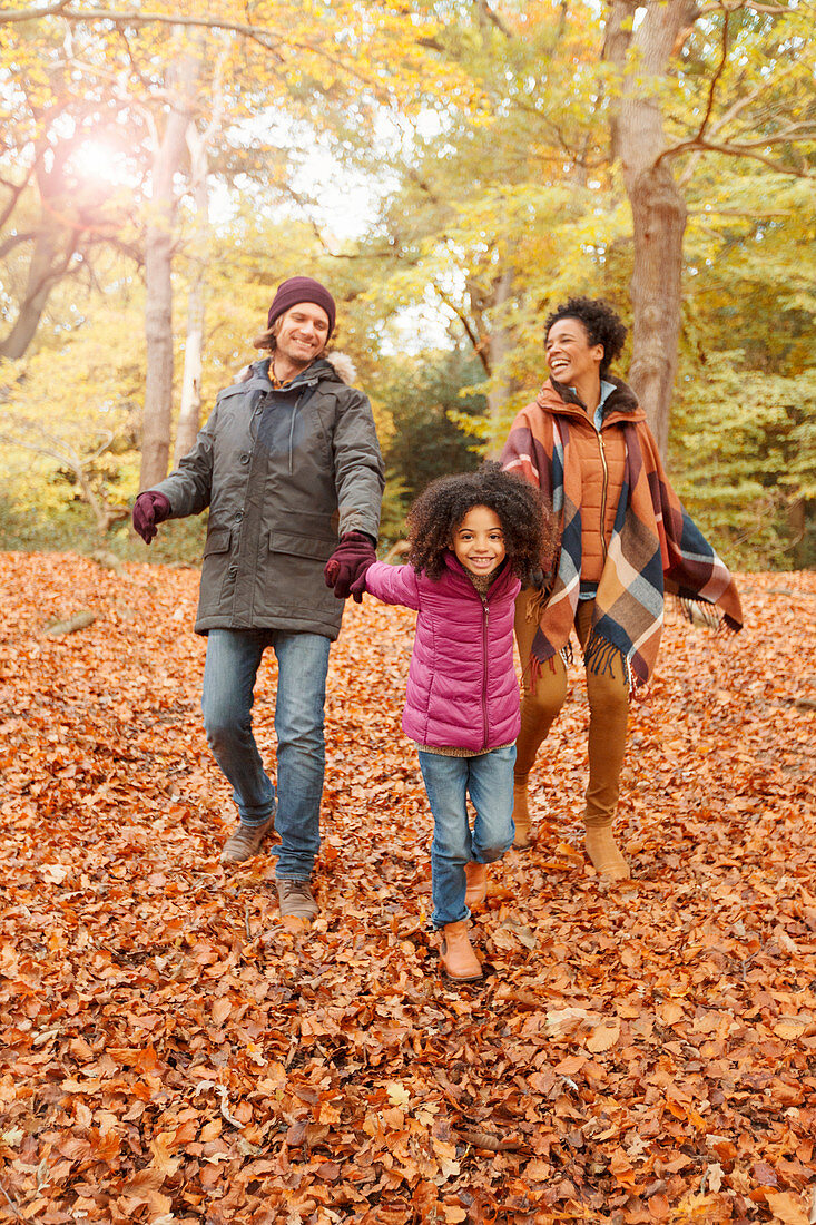 Young family holding hands walking in autumn woods