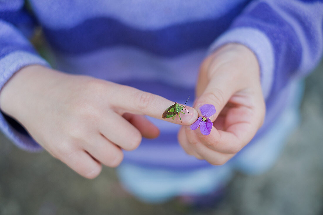 Girl with insect on hand holding purple flower