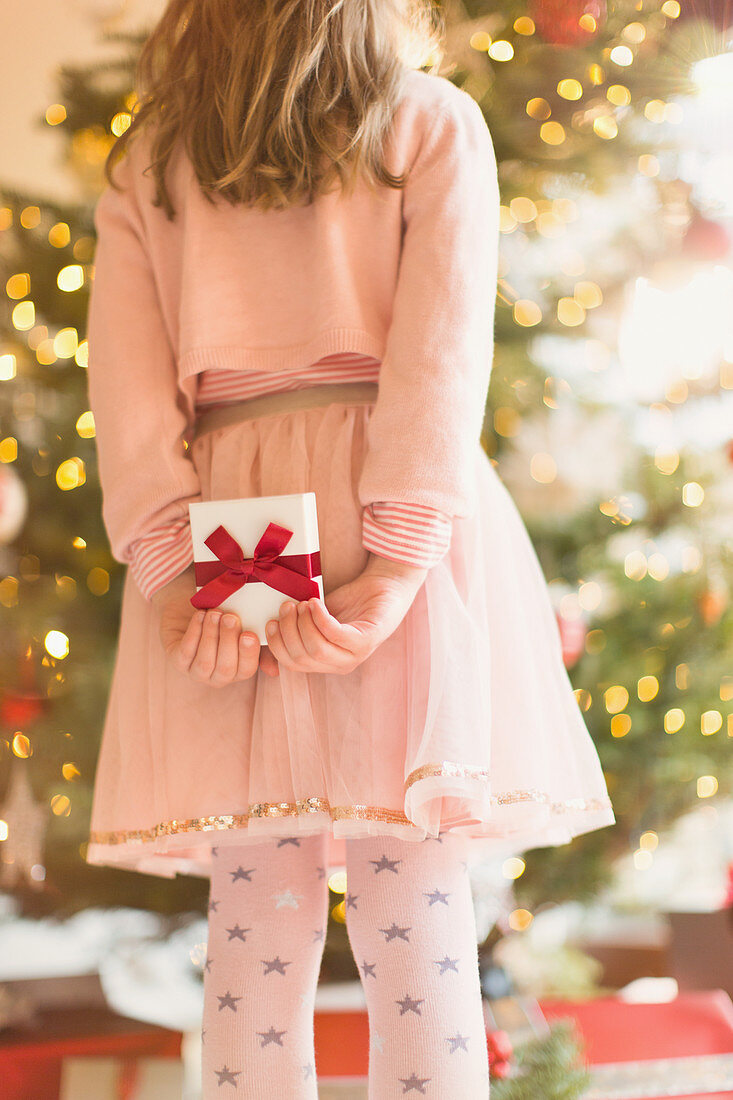 Girl holding Christmas gift behind her back