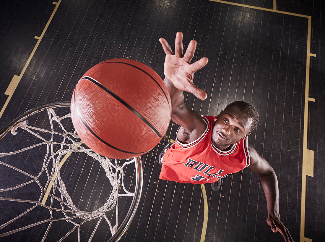 Overhead view basketball player jumping