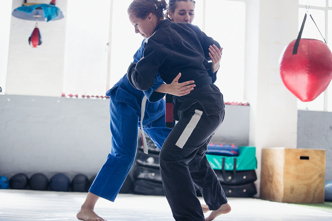 Women practicing jiu-jitsu in gym