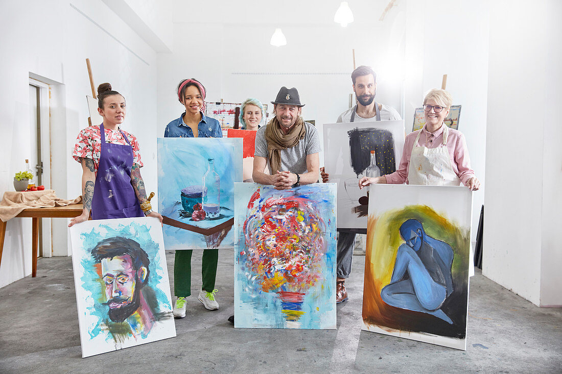Portrait artists showing paintings
