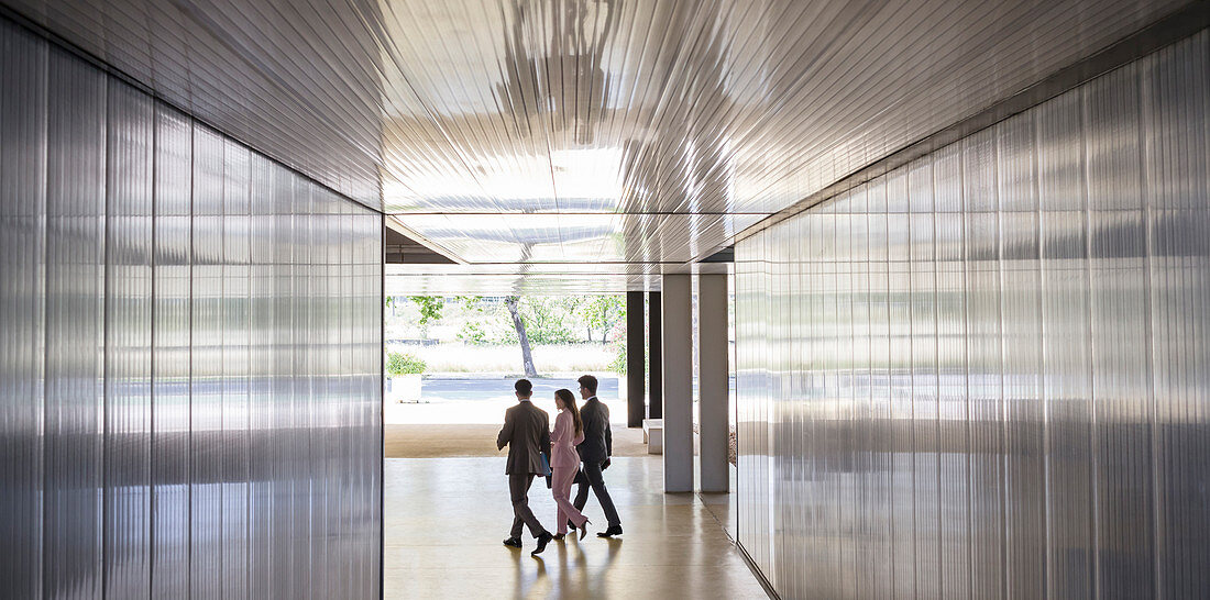 Business people walking in modern office corridor